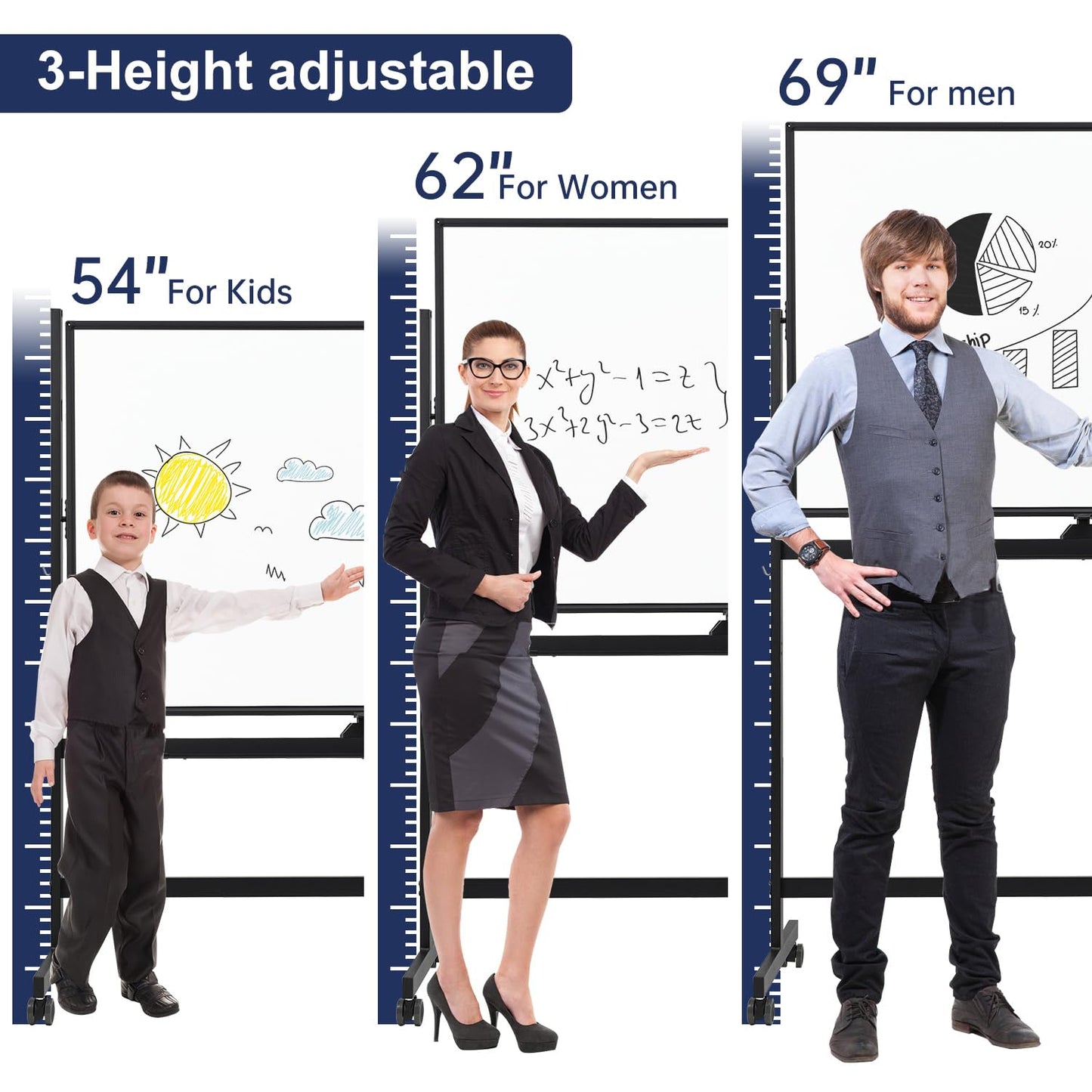 TSJ OFFICE Large Rolling Whiteboard - Dry Erase Magnetic 48 x 32 Inches White Board Height Adjust Double Sides Mobile Portable Easel on Wheels, Dry Erase Board with Stand for Office, Home & Classroom