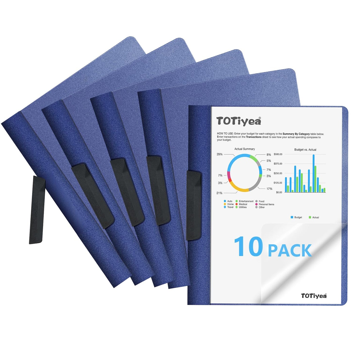 TOTiyea 10 Pack Clear Report Covers with Swing Clip, File Folder with Swing Clip, 30 Sheets Capacity, Slide Locking Report Covers, Letter Size (Navy, 10 Pack)