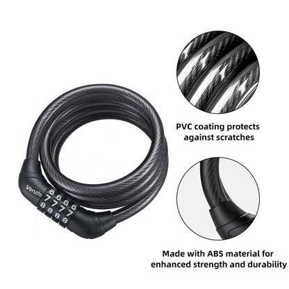 Venzio 2.62FT Bike Lock Cable, Heavy Duty 4-Digit Combination Lock, 10mm (3/8 inch) Self-Coiling Anti-Theft Security Cable for Bicycle, Scooter, Stroller, Fence, Gate, Grill, Outdoor Use
