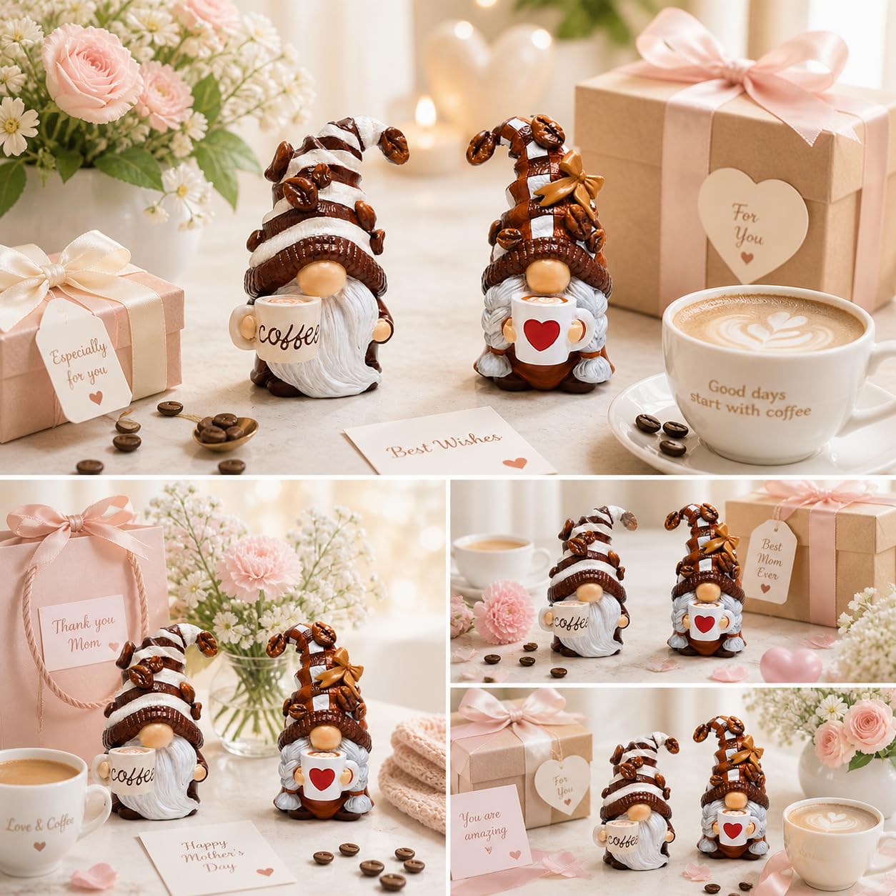 Hodao Gnome Decor Set of 2 Resin Coffee Lover Gifts with Mug, Cute Tiered Tray Figurines for Kitchen Shelf, Farmhouse Countertop, Desktop Accent, Spring Home Display