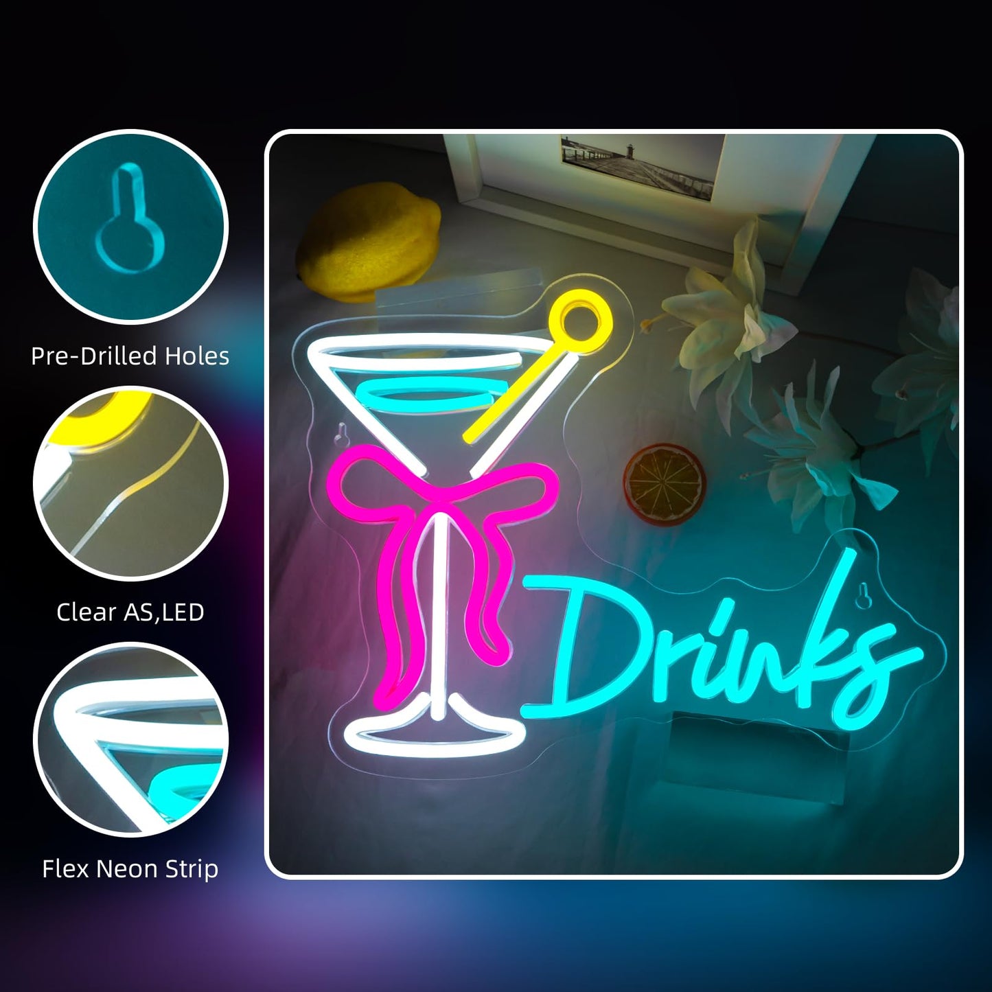 VVYXX Drink Bow Cocktail Glass Neon Sign LED Neon Light Up Sign for Wall Home Decor Bedroom Business Club Party Bars Shop USB Powered Really Pretty Neon Decor