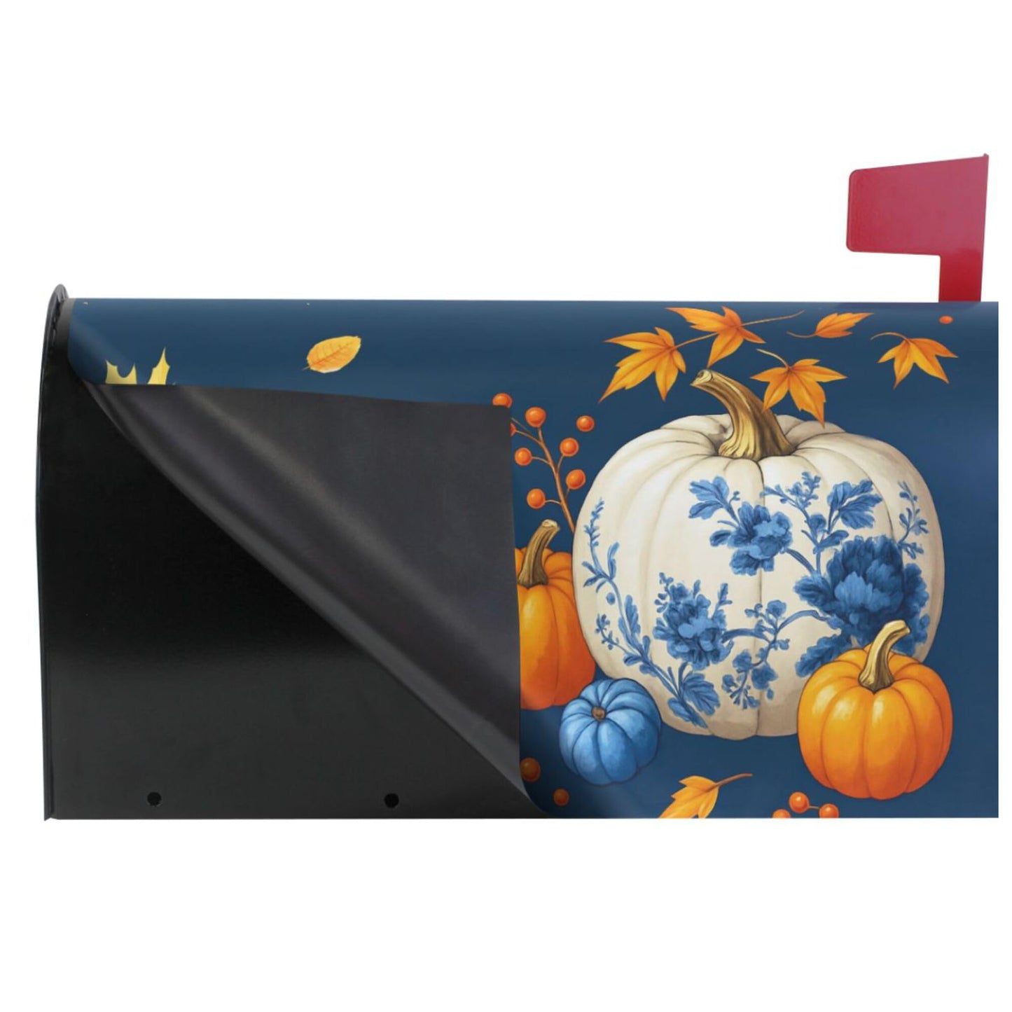 Wamika Welcome Fall Blue Magnetic Mailbox Covers Porcelain Pumpkin Maple Leaves Mailbox Cover Over Size Full Magnet Garden Yard Porch Mail Boxes Cover Holiday Decorations 25" L x 21" W