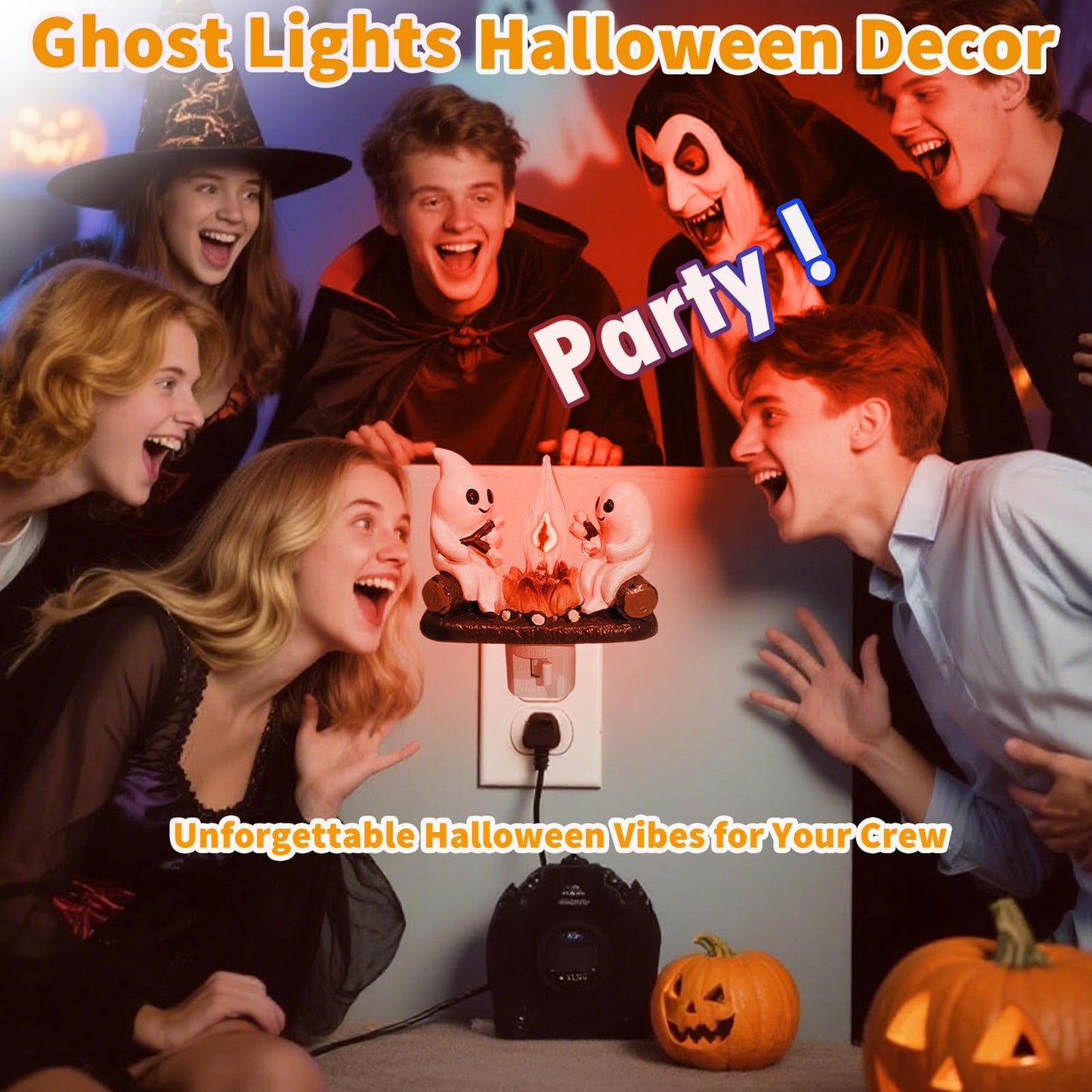 Consdemy Ghost Campfire Flickering Nightlight 120V Plug into Wall - Realistic Spooky Candles for Party Decor Indoor - Christmas & Halloween Night Light Campfire Gifts for Families, Friends (Ghost)