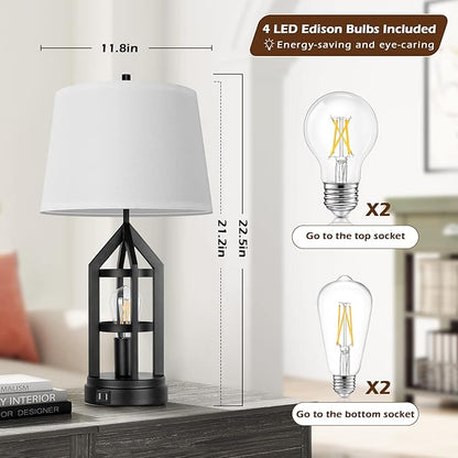 BesLowe 2-Light Farmhouse Touch Table Lamps, 3-Way Dimmable Bedside Lamps with 2 USB Ports for Bedroom, Rustic End Table Lamps for Living Room with White Shades, 4 LED Bulbs Included, Set of 2