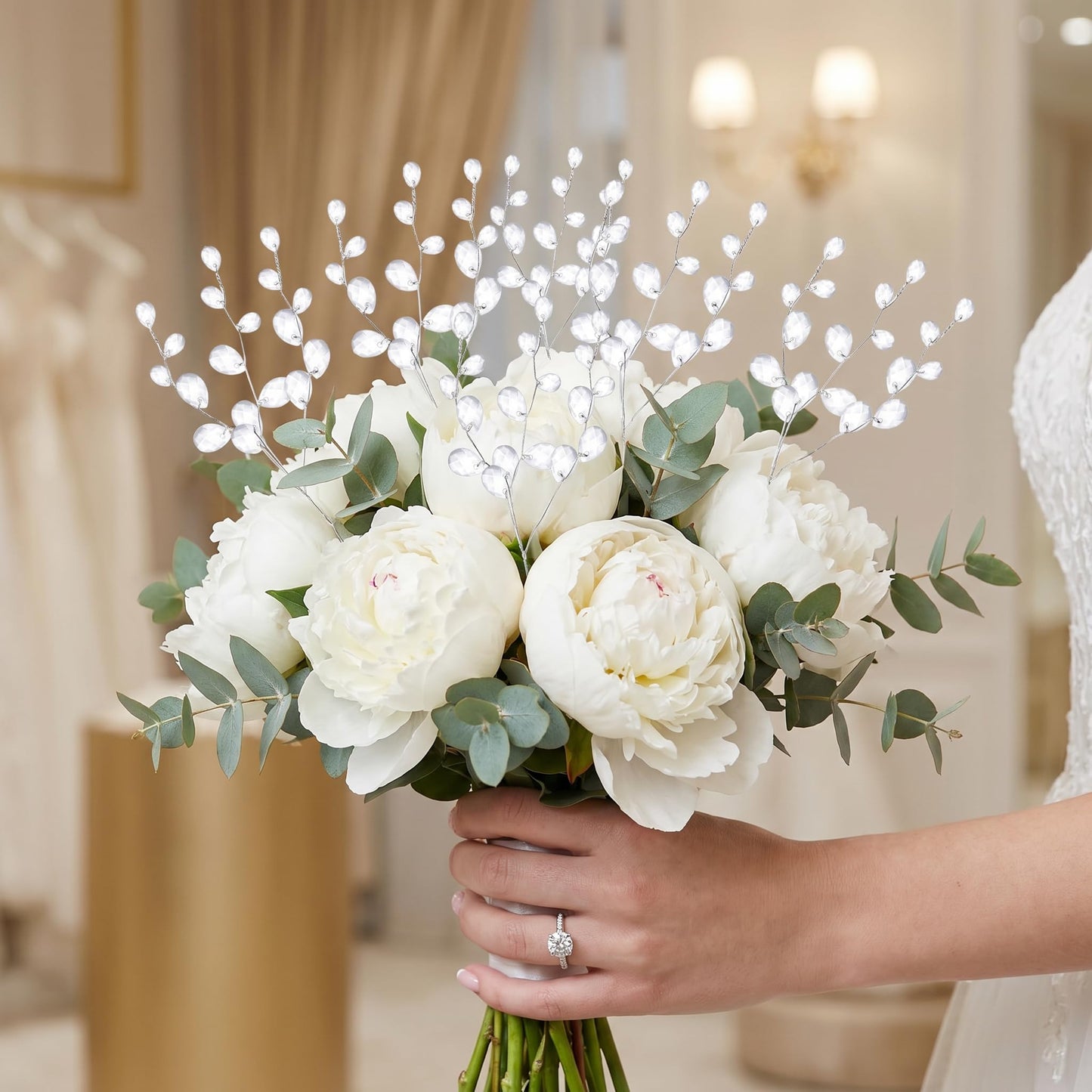 VOSAREA 50pcs Crystal Floral Picks: Flexible 3-Strand Artificial Bouquet Stems with Acrylic Bead Drops for Wedding Decor and DIY Crafts - White 6.69 Inch