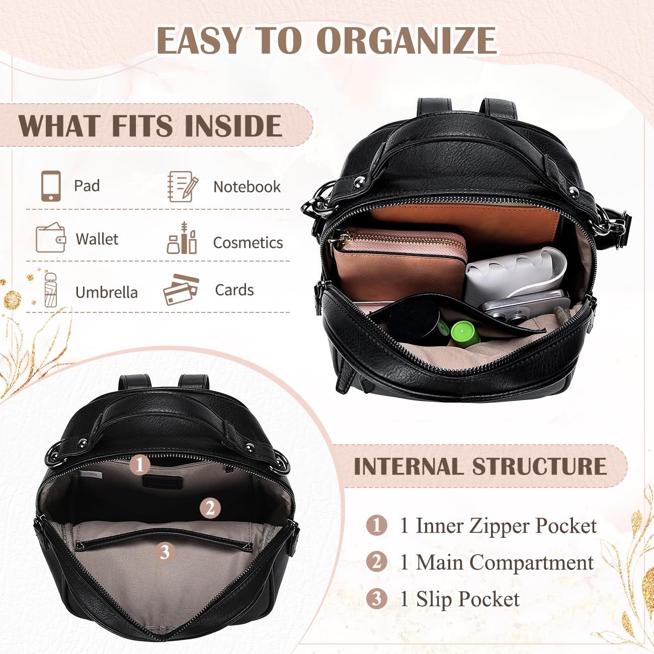 RAVUO Mini Backpack for Women, Small Leather Backpack Purse Fashion Handbag Convertible Ladies Trendy Shoulder Bag for Work,Travel,Black