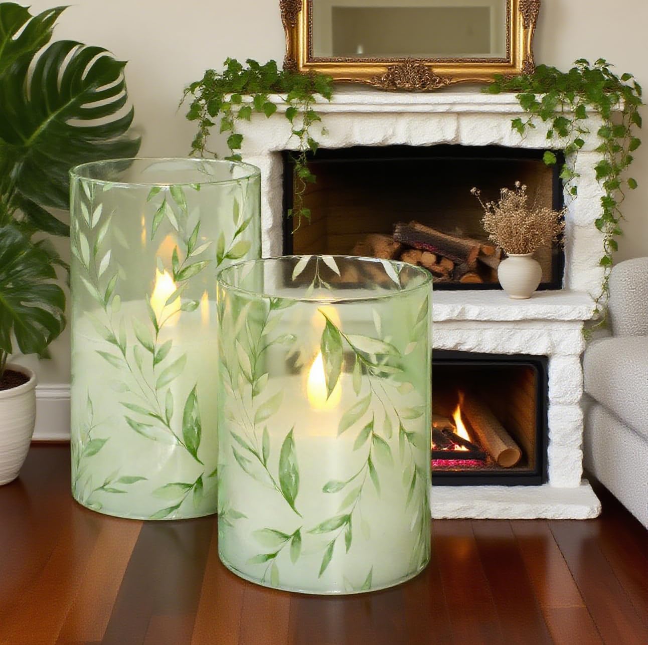 GORGE MOMENT Green Flameless Candles with Remote Willow Leaf Design Battery Operated Candles - Elegant Home Christmas Summer Decor Set of 3