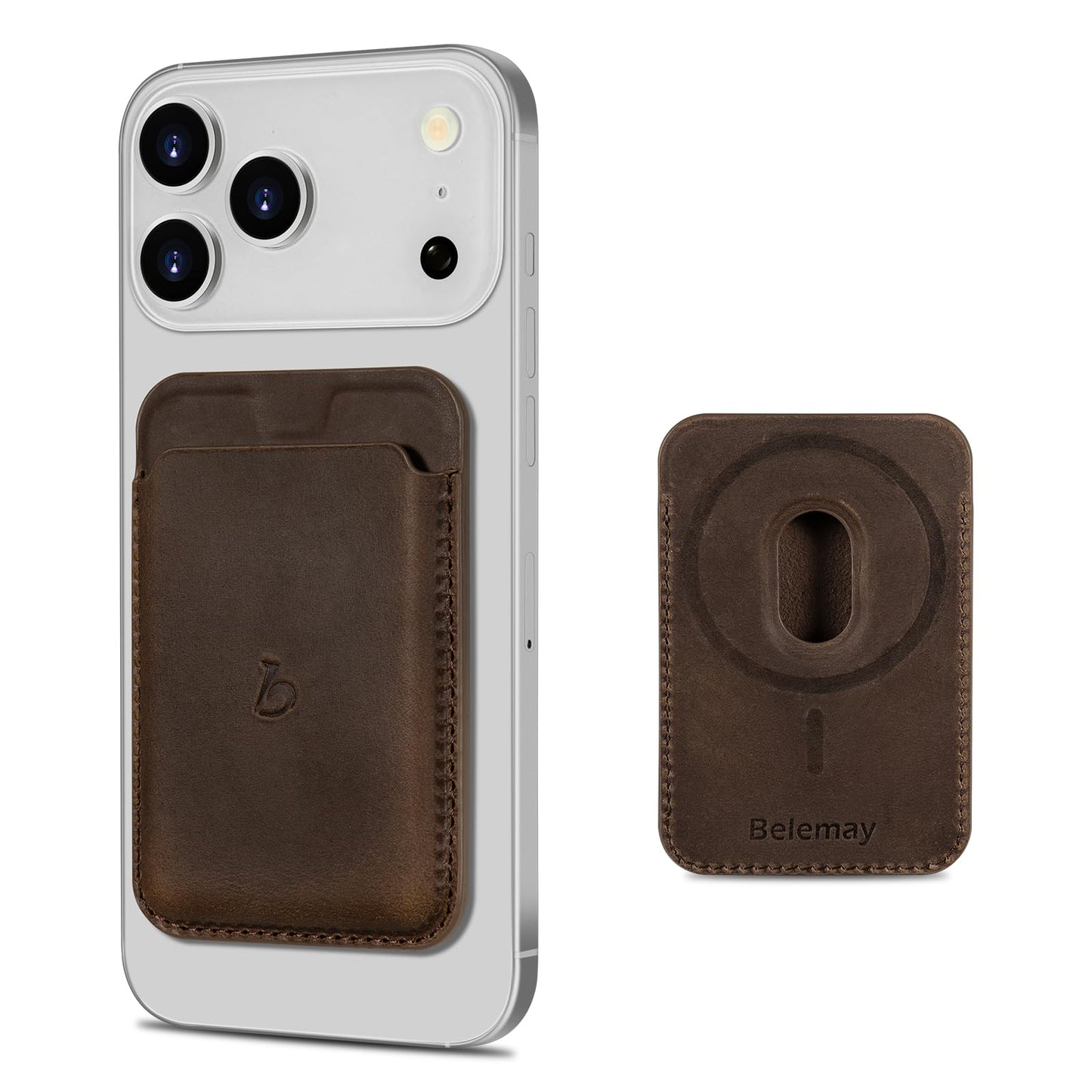 Belemay Minimal Wallet Compatible with Magsafe, Strong Magnetic Card Holder for 1-2 Cards, Vintage Crazy Horse Leather, Compatible with iPhone 17/16/15/14/13/12 Series and MagSafe Cases, Rustic Brown