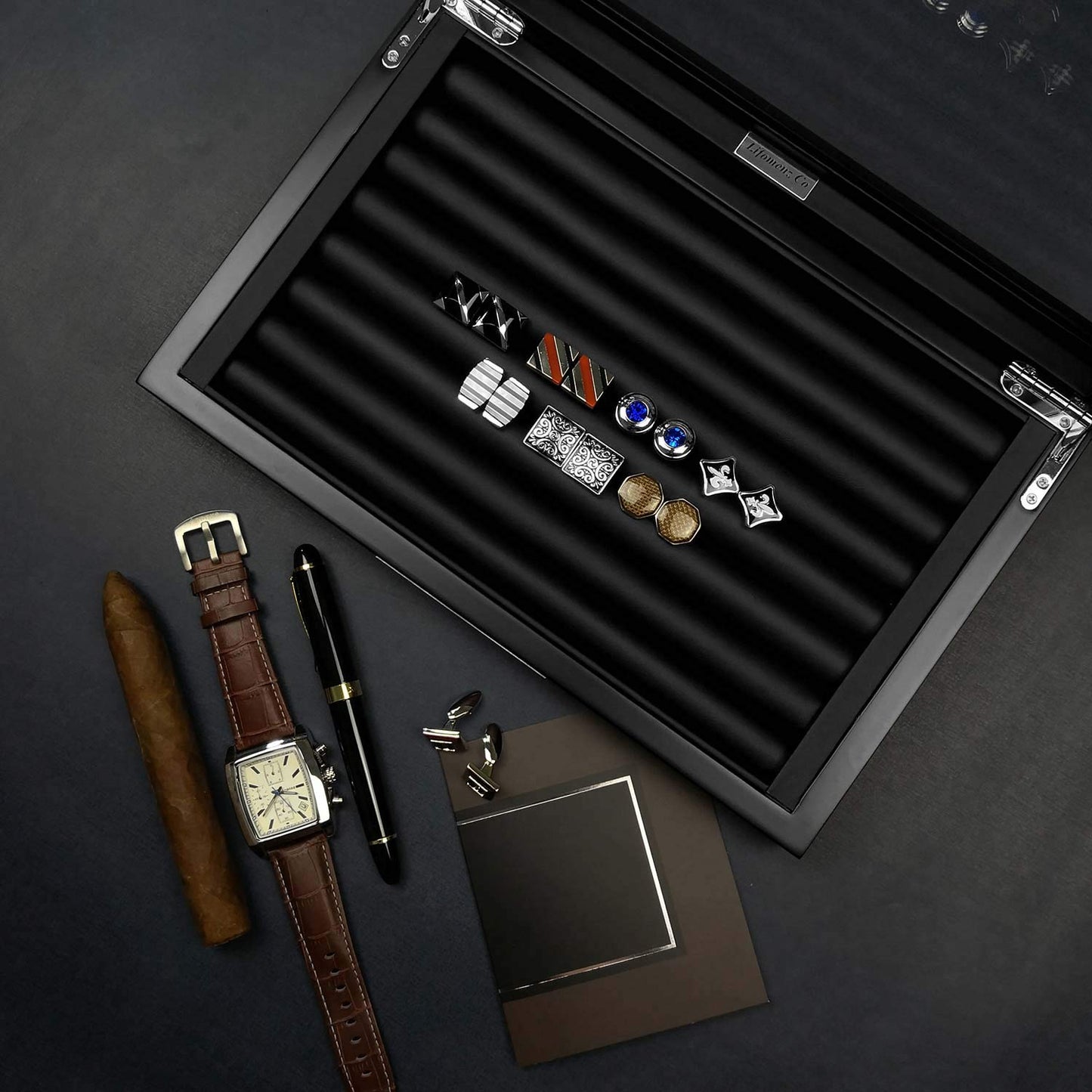 Lifomenz Co Wood Cufflink Box with Glass Window Cufflink Display Case Ring Organizer and Cufflink Box for men Hold 36-46 Pairs
