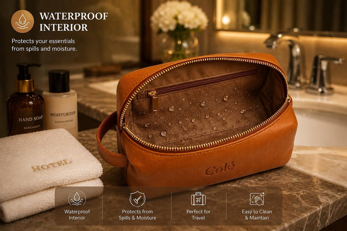 Colé Premium Travel Toiletry Bag Water Resistant, PU Leather, Gift Box, Dust Bag Included.