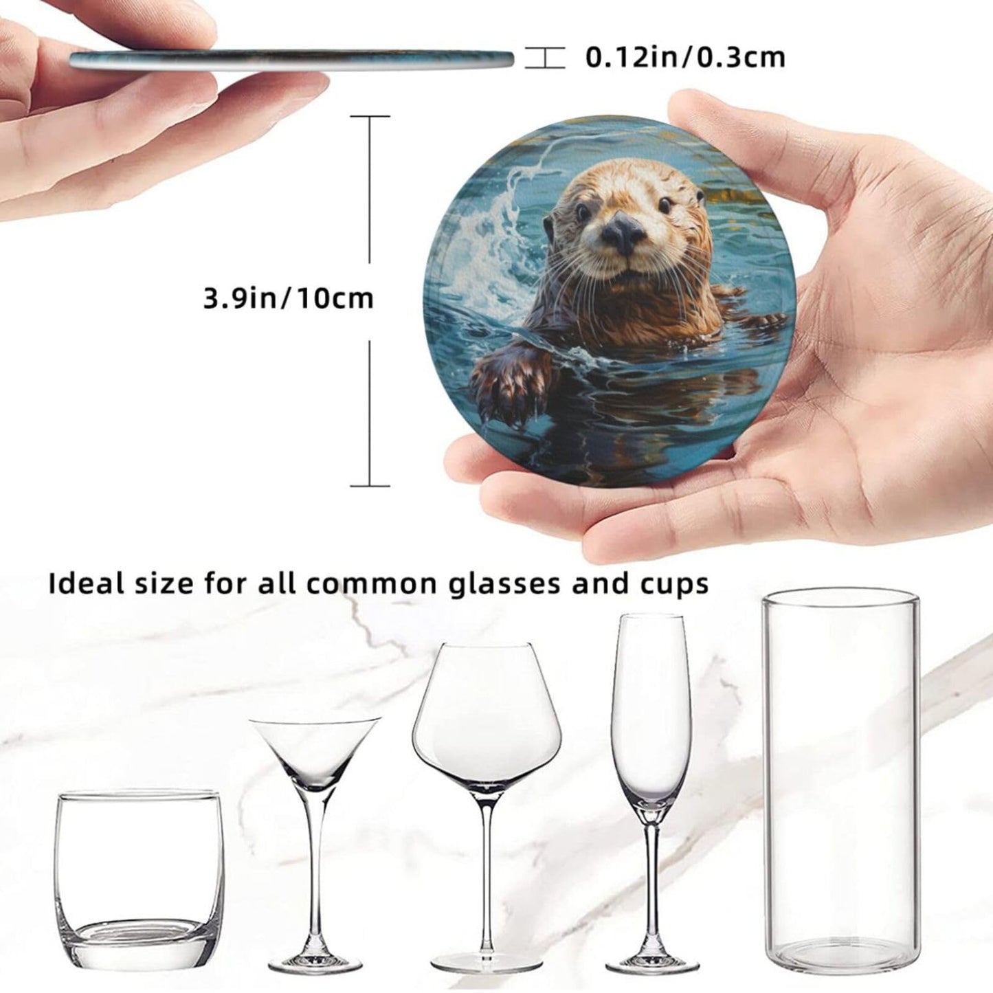 Famame 6 Pcs Cute Sea Otter Leather Coasters for Drinks with Holder Coaster Sets Drink Table Cup Coasters for Living Room Kitchen Coffee Decor