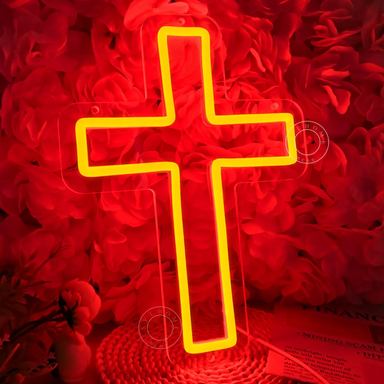 SYLHOME Cross Led Neon Light Sign Kids Bedroom Nursery Wall Sign Decor Christening Baby Shower Wedding Birthday Christmas Party Backdrop 11.8" X 8.66" USB Red