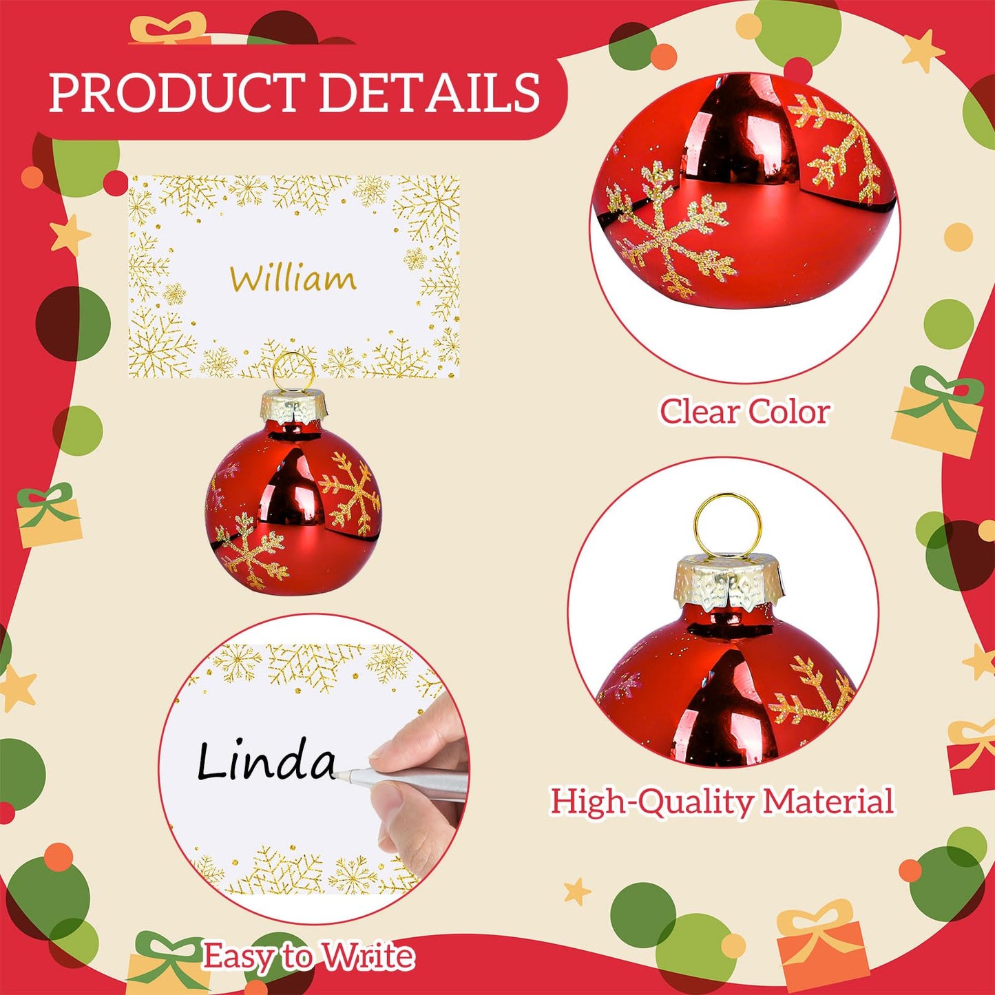 Whaline 12 Packs Christmas Gold Snowflake Ornament Place Card Holders with Name Cards Xmas Red Ball Seat Label Card Holders for Winter Wedding Holiday Table Sign