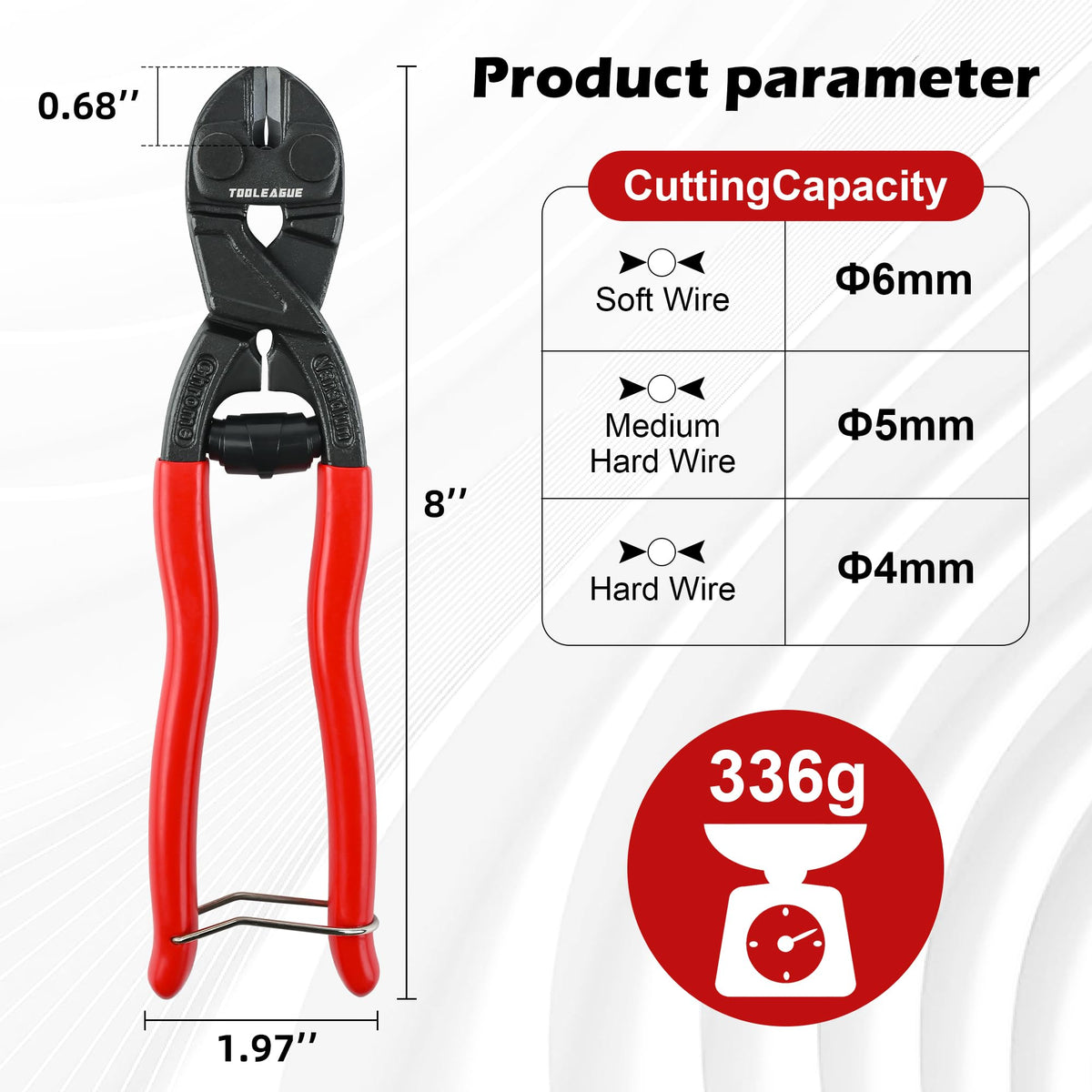 TOOLEAGUE 8-inch Mini Bolt Cutter with Recess and Spring,CR-V Blade, Security Lock,Compact Bolt Cutters with Comfortable Grip,Easily Cut Locks, Barbed Wire, Thick Wire,Rods, Chain