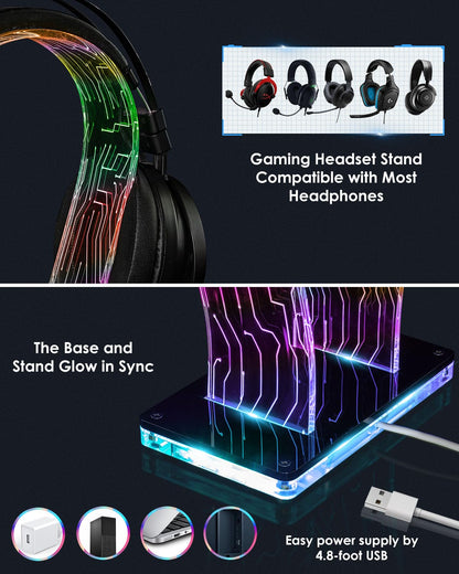 OAPRIRE RGB Headphone Stand with 213 Modes 60K Colors, Music Rhythm Sync, Acrylic Headphone Stand for Desk Enhances Gaming Setup Experience, Gaming Headset Holder with APP & Wired Controller