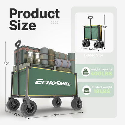 EchoSmile Collapsible Wagon Cart for Camping & Beach - Heavy Duty 400lbs Capacity All-Terrain Cart with Wide Wheels, Portable Folding Utility Wagon for Grocery, Garden, Sports,Green&Yellow
