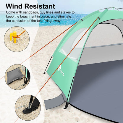 YITGOG Beach Tent Sun Shelter for 3-4 Person, Baby Beach Tent with UV Protection, 3 Mesh Roll Up Windows & 8.0mm Fiberglass, Easy Assemble (Green)