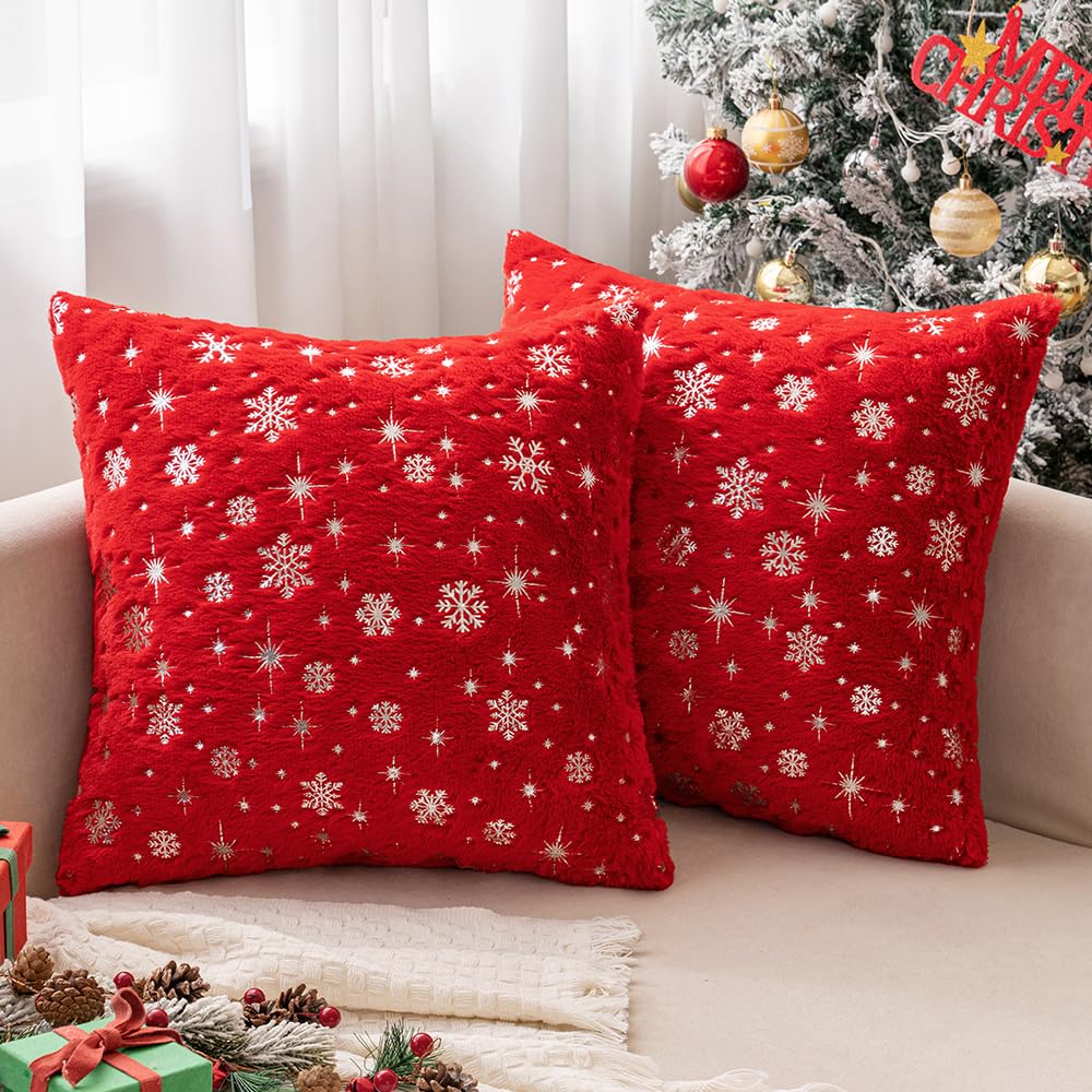 MIULEE Set of 2 Christmas Decorative Throw Pillow Covers Soft Faux Fur Winter Pillow Covers with Silver Snowflake Glitter Holiday Festival Pillowcases for Couch Sofa Bed, 18×18inch, Red