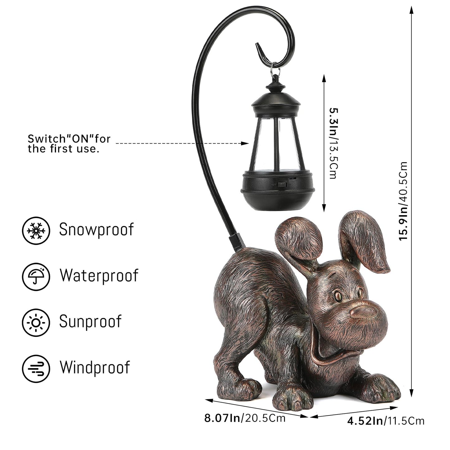 Hnnpmm Laughing Dog Figurine with Solar-Powered LED Light 15.9 Inch Tall Antique Bronze, Perfect for Gift Garden Decor or Housewarming for Dog Lovers