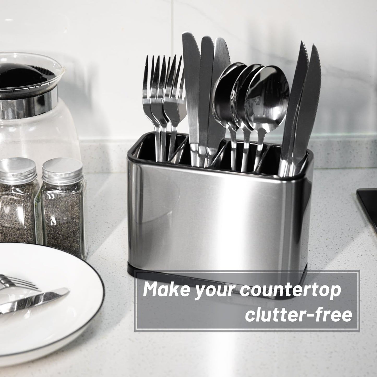 Haiyouneer Silverware Caddy Cutlery Organizer for Countertop Silverware Holder for Fork Knife Spoon Flatware Organizer 4 Compartments Cutlery Holder