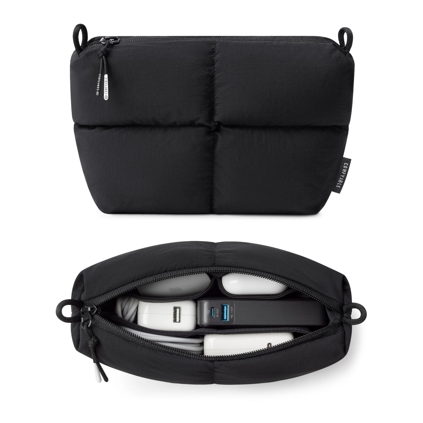 Comfyable Puffy Electronics Organizer Travel Case, Cute Tech Pouch for Women Men, Cable Storage Bag for Charger, Phone, Power Bank, Cord, Compact Tech Accessories Pouch, Black