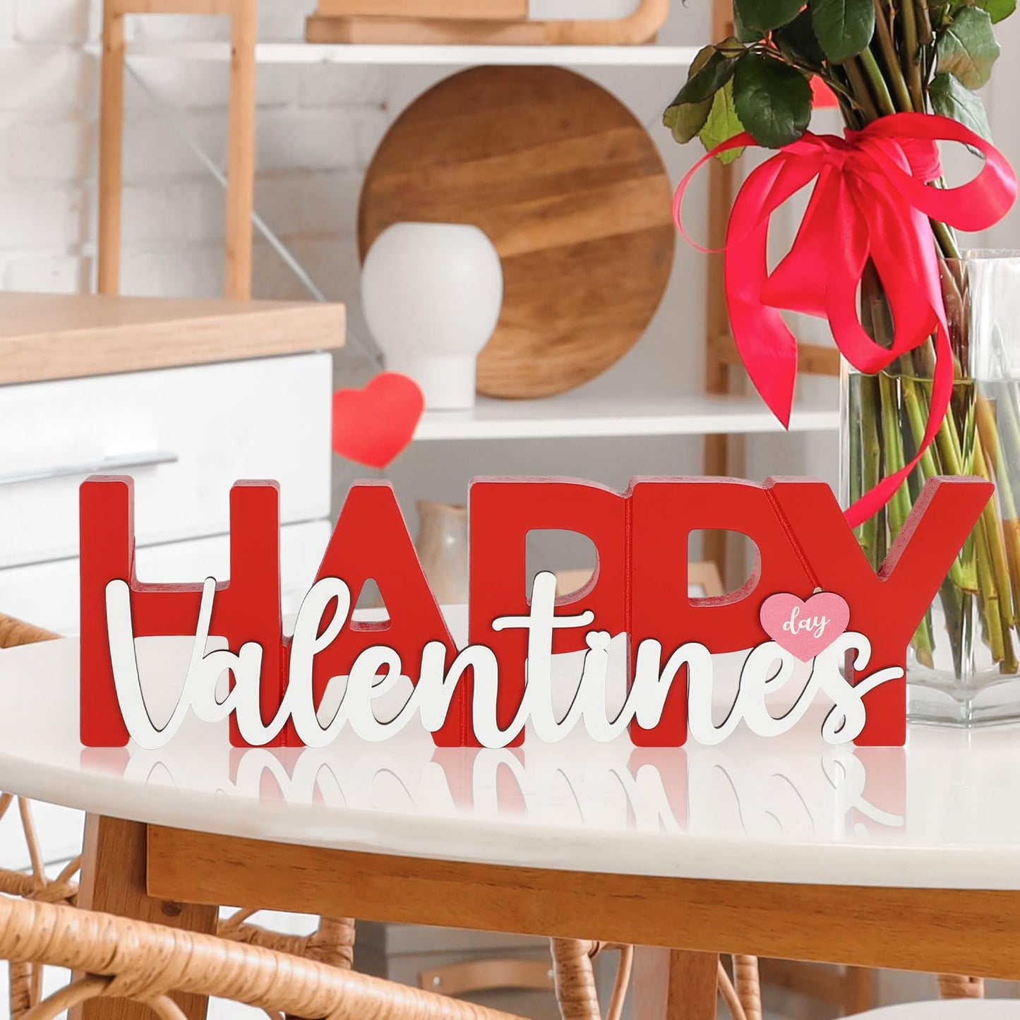 COCHIE Wooden Happy Valentine's Day Sign, Valentine Decorations for Home, Office, Shelf, Mantel, Indoor, Wood Heart Decor, Red Pink Table Top Party Decoration (Valentines)