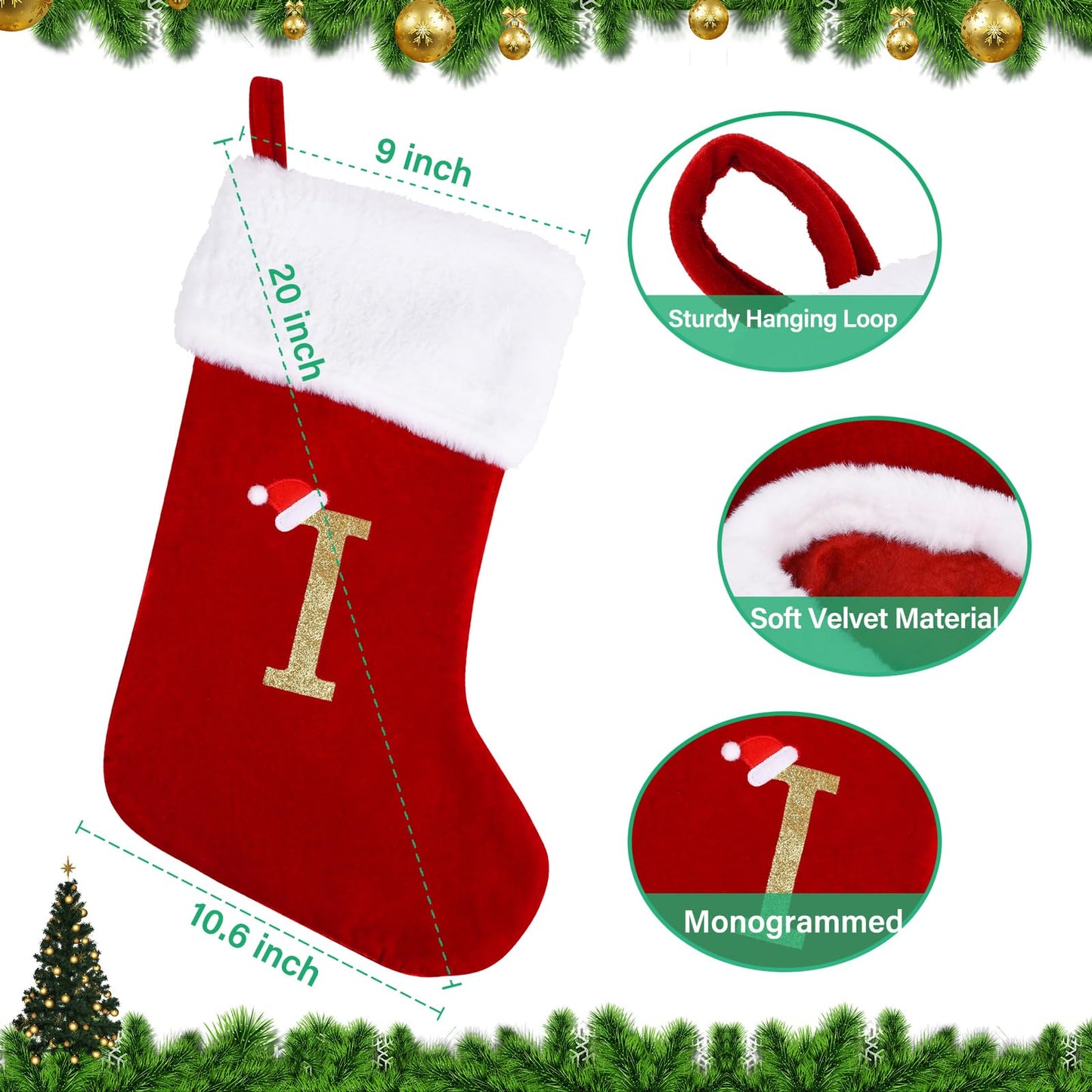 Sailup 20 Inches Monogram Christmas Stockings with Letters, Large Super Soft Christmas Stockings Red Velvet with White Super Soft Plush Cuff for Christmas Xmas Tree Holiday Fireplace (I)