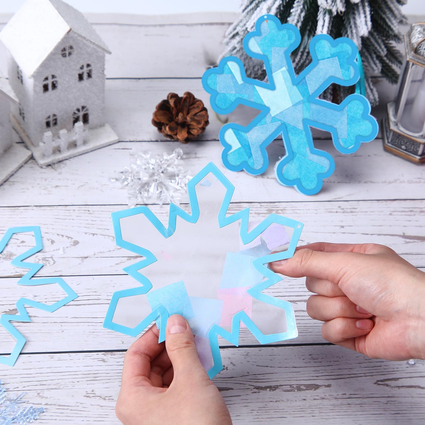 Motipuns 32 Pcs Winter Snowflake Suncatcher Ornament Craft Kit with Blue Ribbon, Christmas Window Art Decoration DIY Ornament Set for Adults Winter Activity