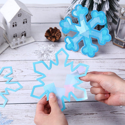Motipuns 32 Pcs Winter Snowflake Suncatcher Ornament Craft Kit with Blue Ribbon, Christmas Window Art Decoration DIY Ornament Set for Adults Winter Activity