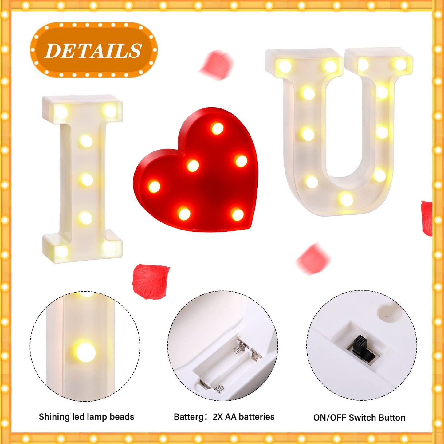 Valentine Love Sign LED Alphabet I Love You Light with Heart Marquee and 500 Pieces Plastic Rose Petals Battery Operated Letters Sign Gift for Valentines Proposal Home Table Decor