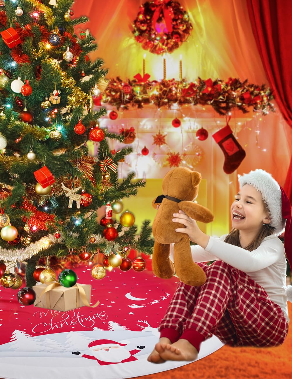 Multiwins Christmas Tree Skirt 48 inches, Red Tree Skirt Ornaments Soft Plush Christmas Tree Mat with Cute Santa Claus White Reindeer Christmas Tree Skirts for Holiday Party Indoor Outdoor