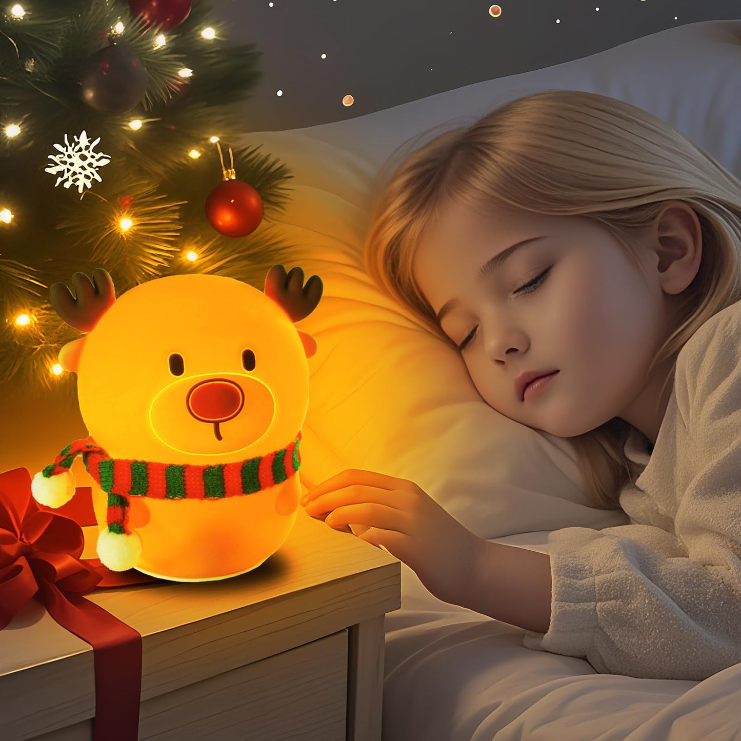Colorful Life Silicone Reindeer Night Light – Tap Control Cute LED Bedside Lamp for Kids, Baby, Adults – Soft Glow, Rechargeable, Nursery/Bedroom(Cute Reindeer, Light up When patted)
