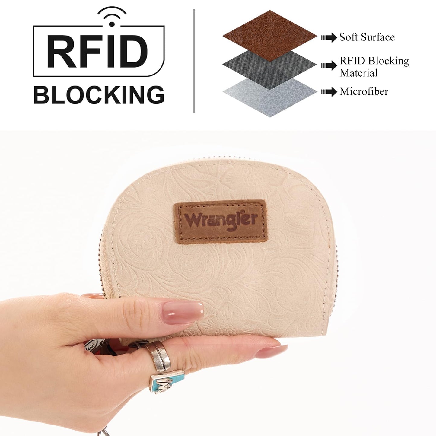 Montana West Wrangler Small Keychain Wallet for Women RFID Blocking Credit Card Holder Floral Tooling Coin Purse Beige WG338-W102-1BG