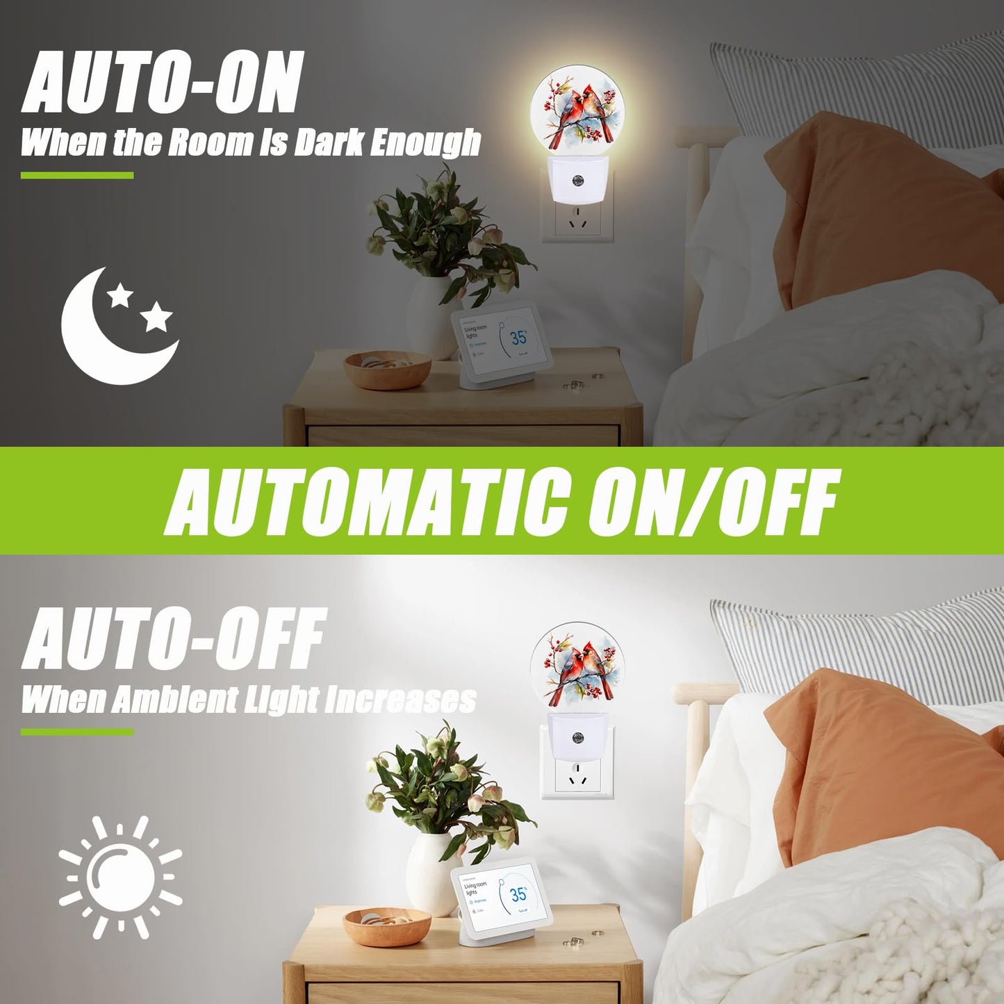 COSHARKLY Red Cardinal Bird Night Light,Christmas Plug-in Night Lights with Dusk-to-Dawn Sensor for Bedroom Bathroom and Living Room Sleep Friendly lamp