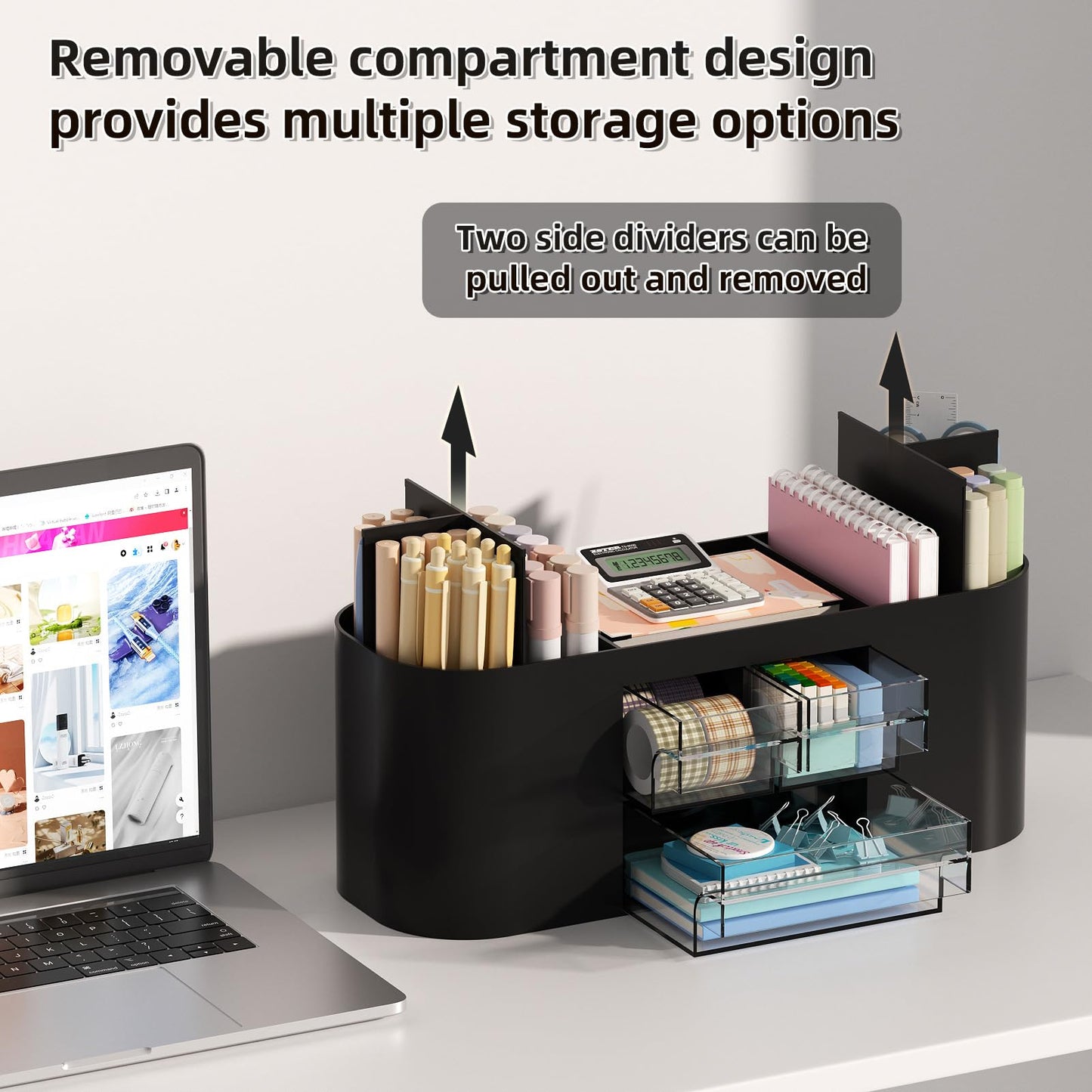 Marbrasse Desk Organizer Pen Holder with 3 Drawers, Multi-Functional Pencil Holder,Desk Organizers and Accessories with 7 Compartments for Home, School, Classroom (Black)