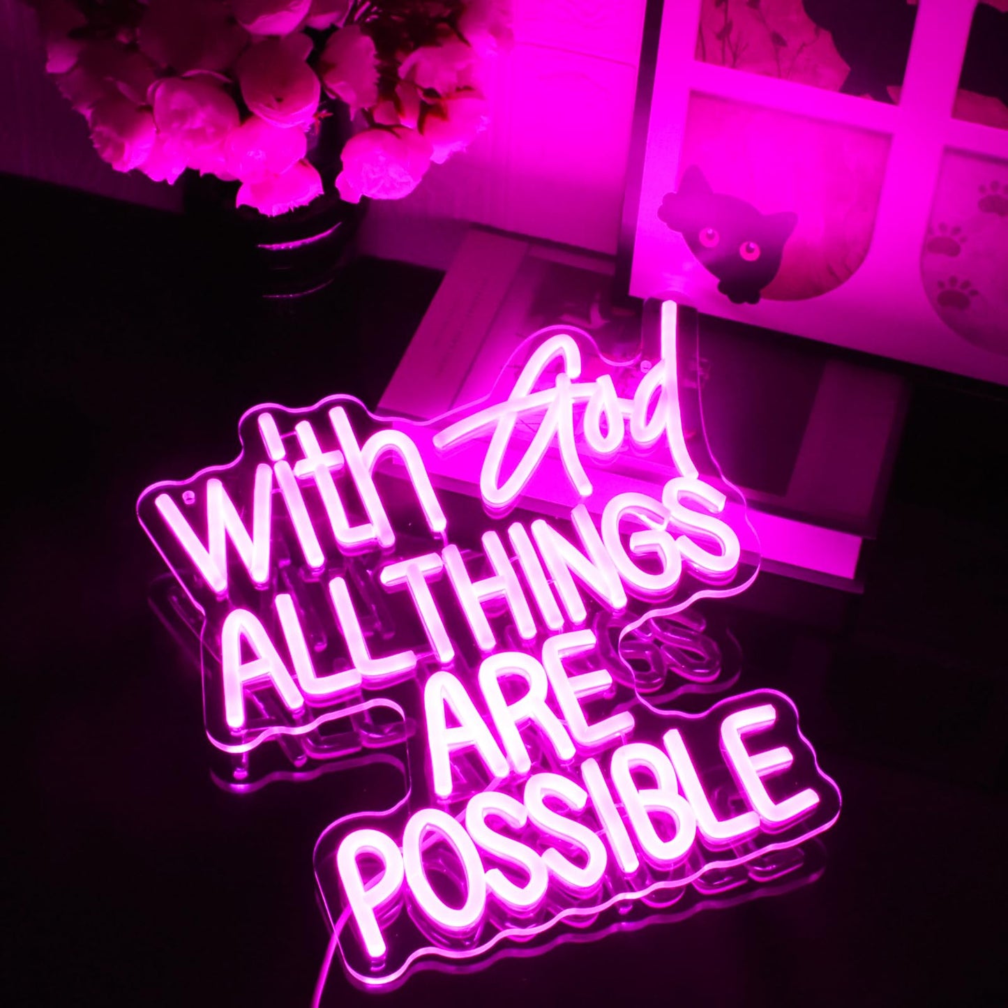With God All Things Are Possible Neon Sign Pink God Led Lights for Wall Decor Letter LED Neon Lights Dimmable USB Powered for Room Party Wedding Church Decor