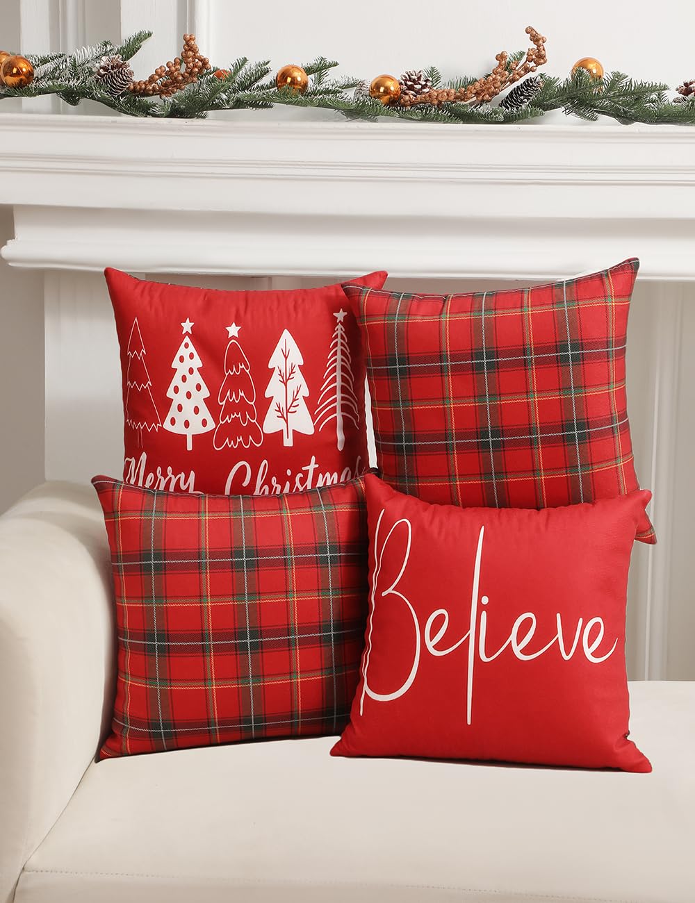 TOYPOPOR Christmas Decorations, Double Sided Plaid Throw Pillow Covers 18x18 Inches Set of 4, Christmas Tree, Snowflakes, Merry Christmas, Snowman Reindeer Winter Holiday Pillowcase for Sofa Couch