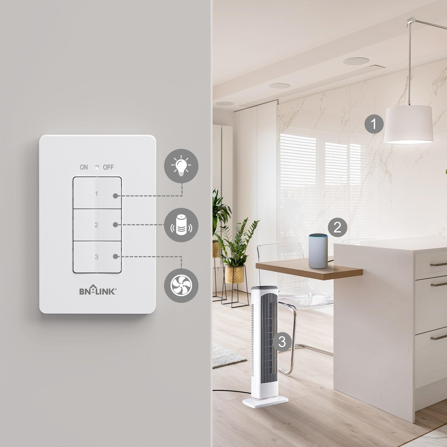 BN-LINK Mini Wireless Wall-Mounting Remote Control Outlet Switch Power Plug in for Household Appliances, Wireless Remote Light Switch, LED Light Bulbs, White (3 Outlets)