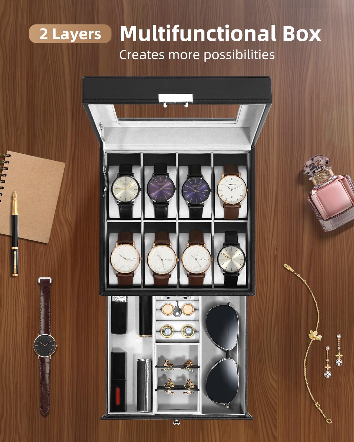Uten 8-Slot Watch Box, 2-Layers PU Leather Watch Case with Glass Lid, Watch Holder Organizer with Soft Pillow and Velvet Lining, Watch and Jewelry Storage Box