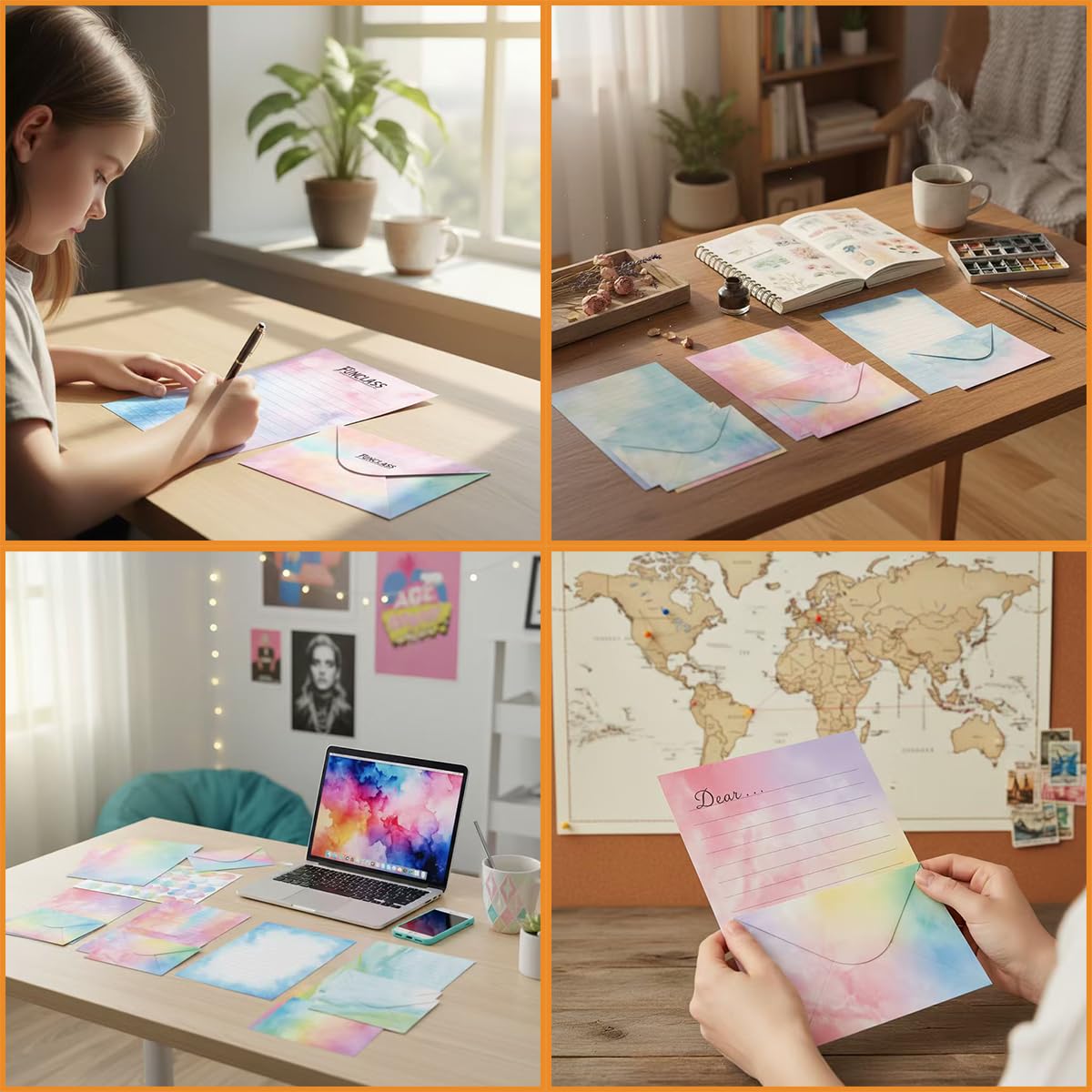 FUNCLASS Stationary Letter and Envelopes, 160 Pcs Watercolor Stationary Set with 50 Lined Stationery Paper 50 Envelopes, 5.5 x 8.25 Inches Cute Stationary, Gifts for Kids, Girls