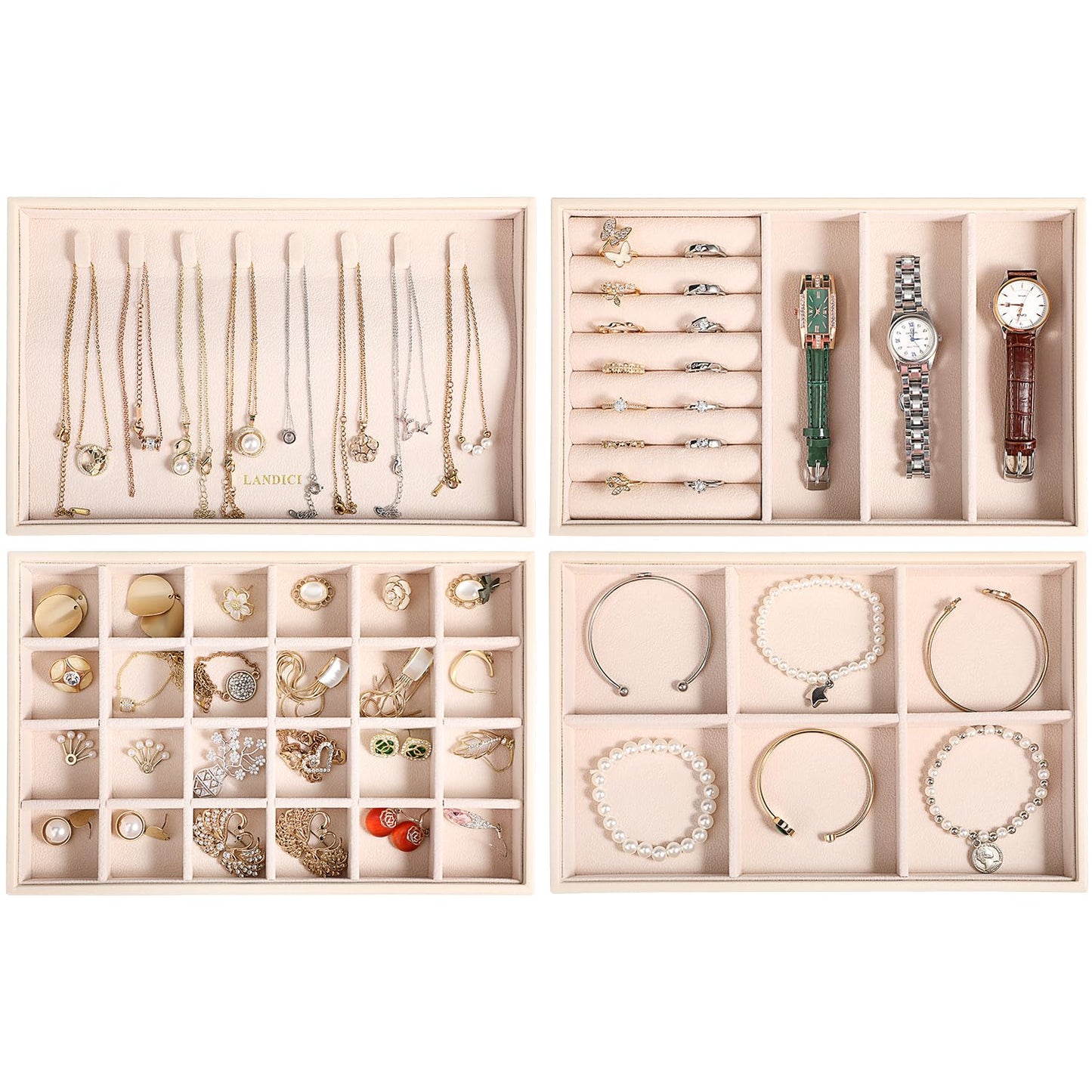 LANDICI Stackable Jewelry Organizer Trays 4 Set,PU Leather Jewelry Organizer Drawer,Jewelry Storage Display Tray for Earring Necklace Rings Bracelet with Removable Dividers,Apricot