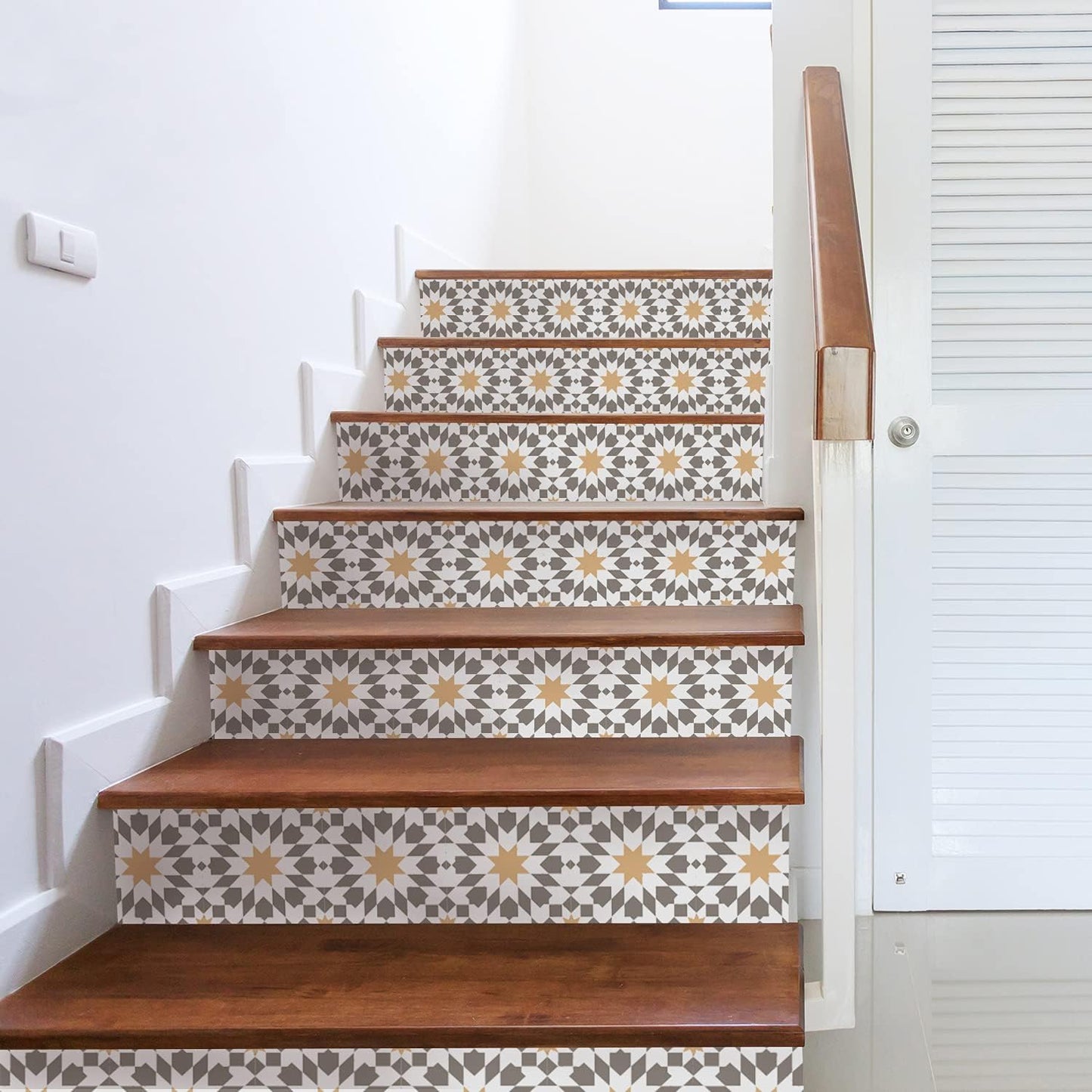 funlife Stair Riser Decals Peel and Stick, 14 PCS Self Adhesive Boho Vinyl Stair Stickers, 39.37"X7.09", Yellow Brown Moroccan