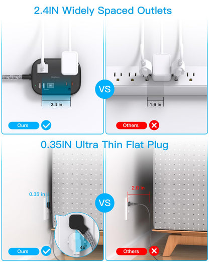 Cruise Essentials 2025,One Beat Travel Power Strip with USB C,Flat Plug Extension Cord with 3 Outlets 4 USB Ports(2 USB C),5 ft Desk Wall Outlet Extender,Non Surge Protector for Cruise,Dorm Room,ETL