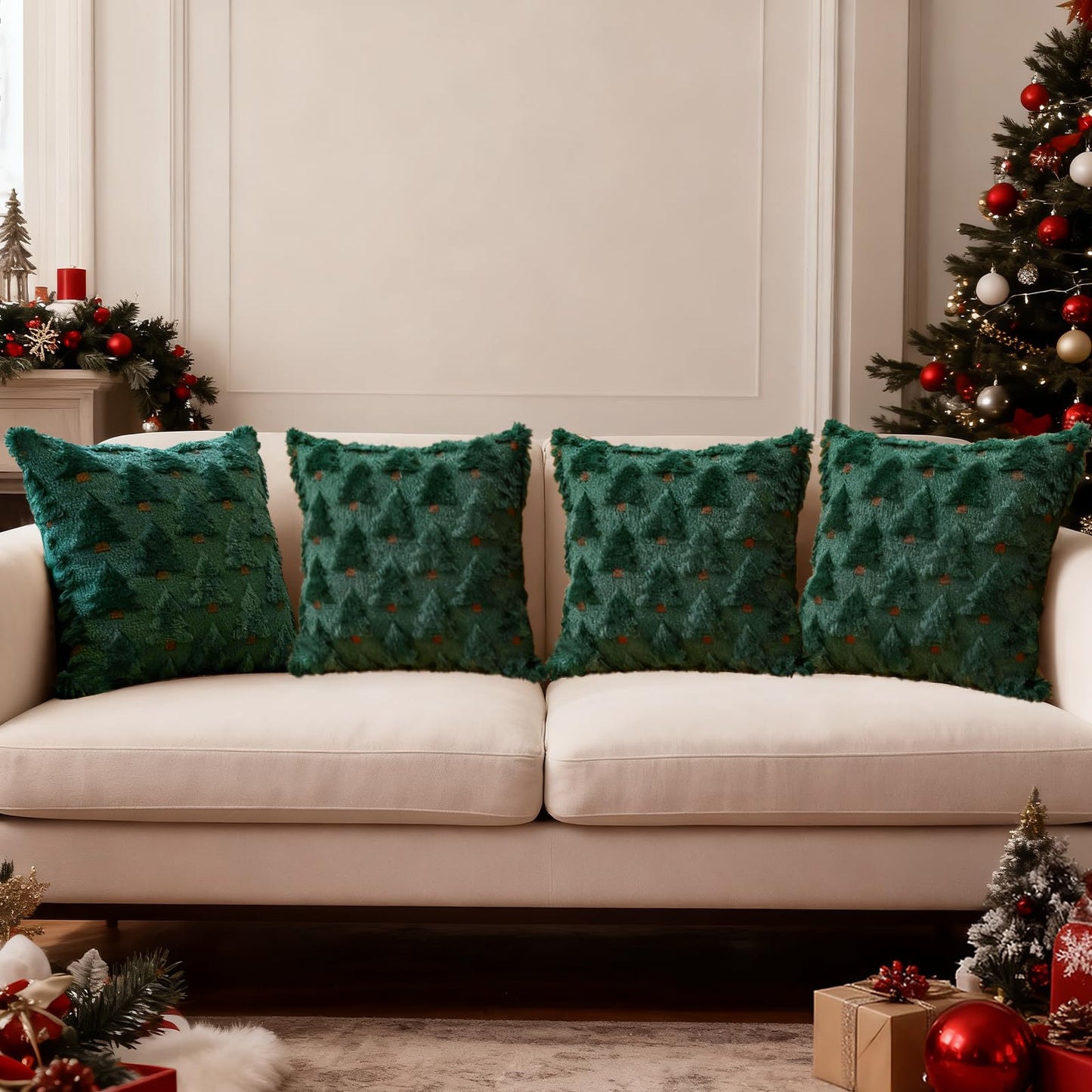 HDVUHKI Christmas Throw Pillow Covers 18x18 inch Set of 4, Green Xmas Tree Holiday Winter Living Room Soft Fluffy Plush Faux Fur Wool Decorations for Sofa Couch Bed