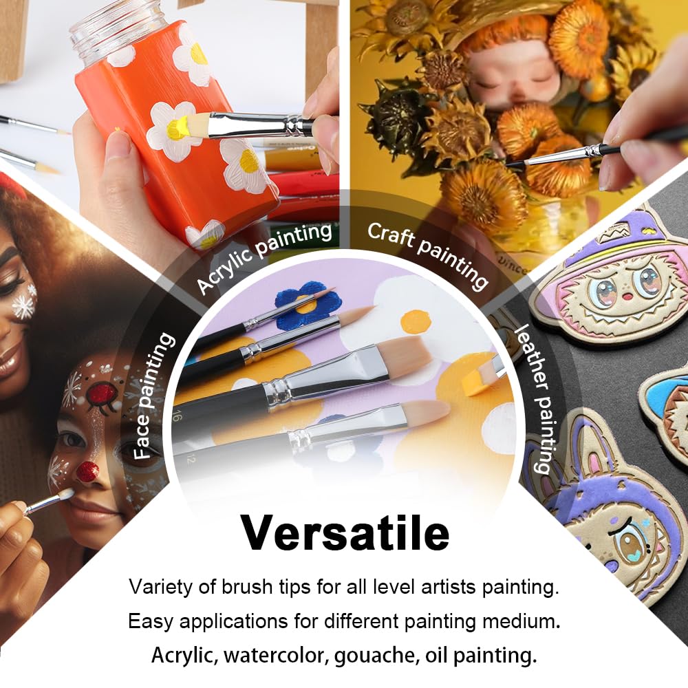 Transon Paint Brush Set 6pcs Art Painting Flexible Bristle for Acrylic Watercolor Gouache Oil Leather Canvas and Face Painting