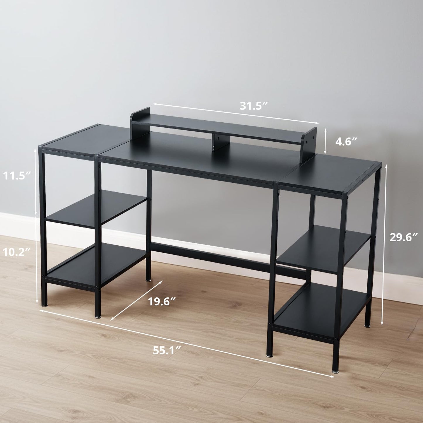 MINOSYS Computer Desk 55-inch with Storage Shelf - Black Ideal Gaming Desk for Bedrooms, Small Spaces, and Home Offices Modern Writing Desk for PCs.