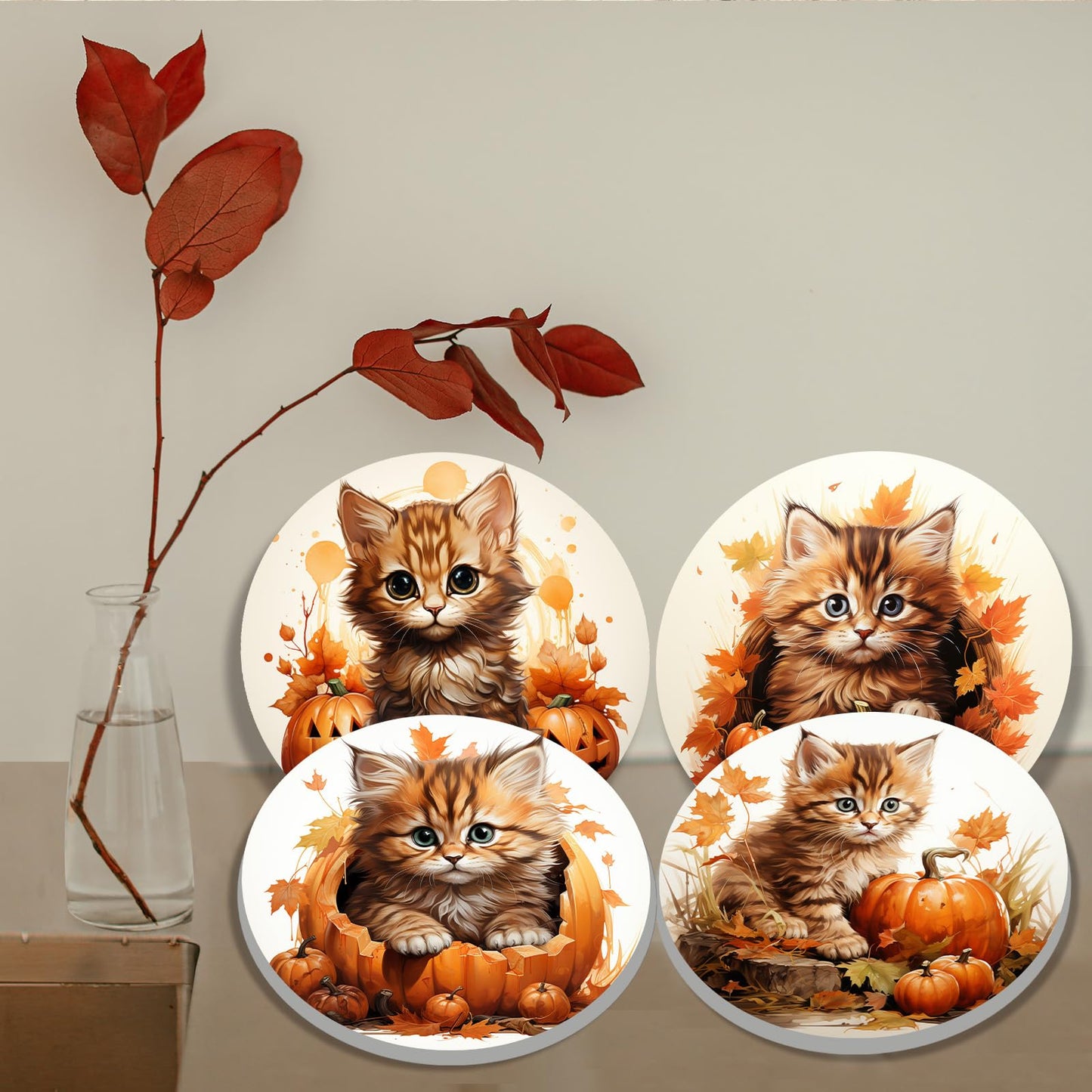4 Pcs Halloween Decor Round Stove Burner Cover,Autumn Pumpkin Electric Stove Burner Covers,8Inch and 10Inch,Gas Stove Burner Cover,Yellow Cats Metal Cooktop Decorative Home Decor,Kitchen Decor