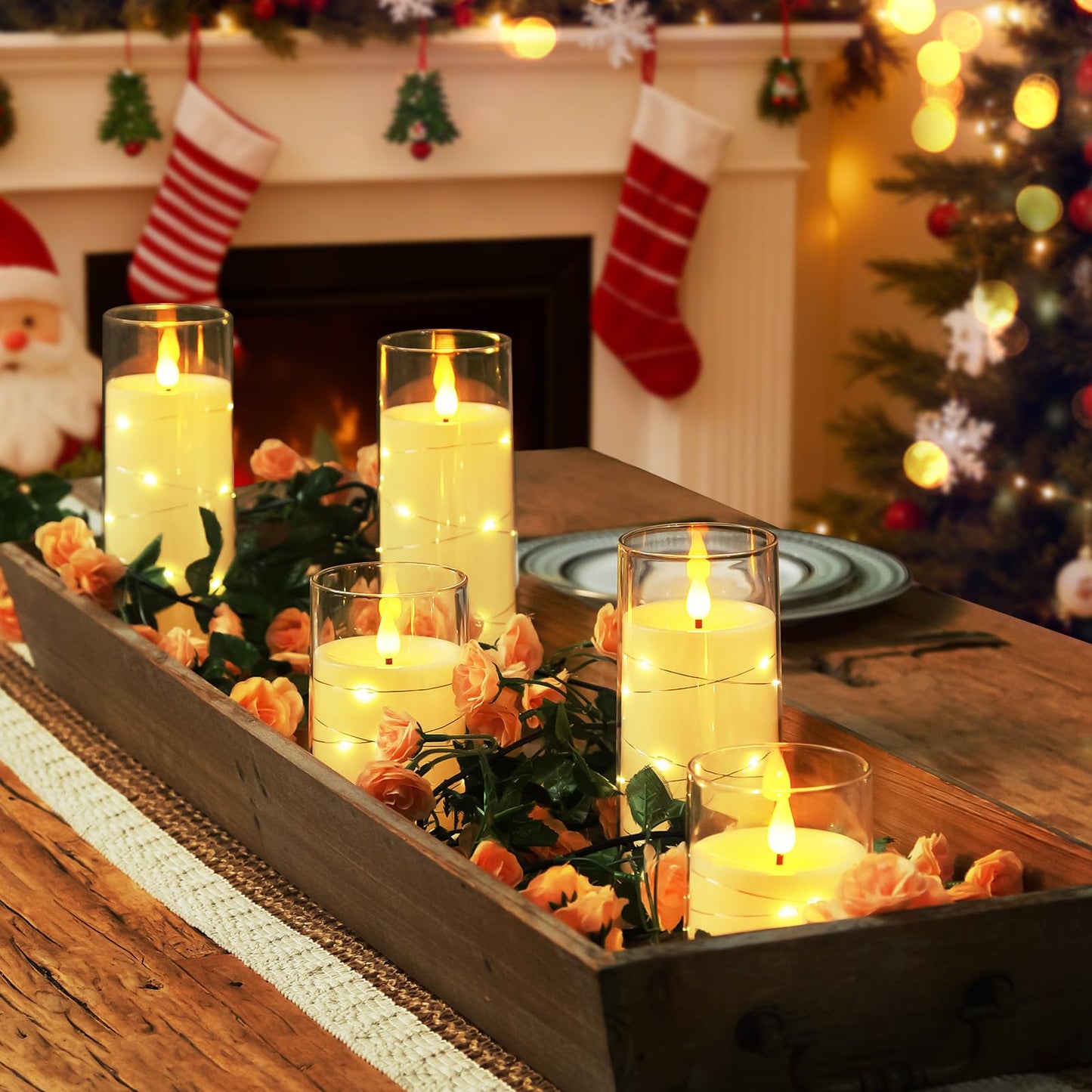Homemory Flameless Candles with Embedded Star String Fairy Lights, Battery Operated Candles, LED Candle, Fake Candles with Remote Control and Timer, Ivory, Set of 5(H4 5" 6" 8" 8")