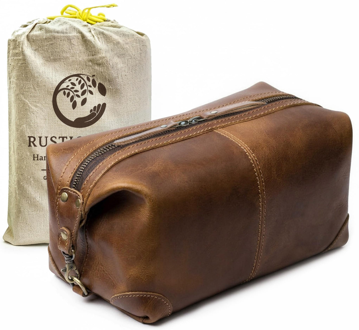 RUSTIC TOWN Full Grain Leather Toiletry Bag for Men & Women – Handcrafted Travel Dopp Kit – Large Water-Resistant Makeup & Shaving Organizer
