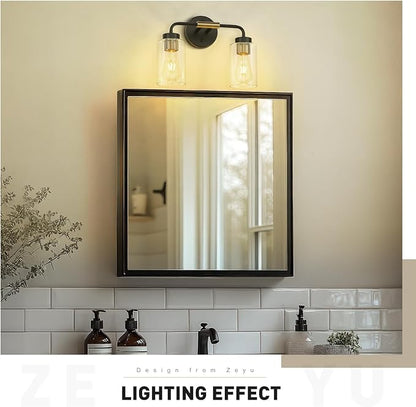 zeyu 2-Light Modern Vanity Lighting Fixture, 14 Inch Black and Gold Bathroom Light Fixture with Clear Glass Shade, ZS62B-2W BK+BG